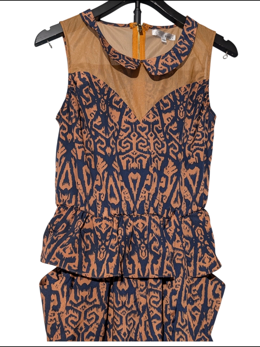Katia Navy & Tan Abstract Print Jumpsuit Mesh Yoke Peter Pan Collar Size S - Picture 4 of 8